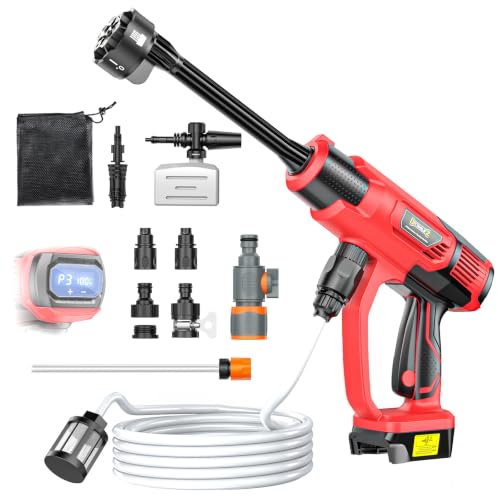 DIYtoolifz Cleaning Tool Compatible with Milwaukee 18V Battery, 2.2LBS, with 16.4ft Hose & 6-in-1 Nozzle + Attachment for Car, Patio, Fence (Battery not Included, Tool Only) - color: Red