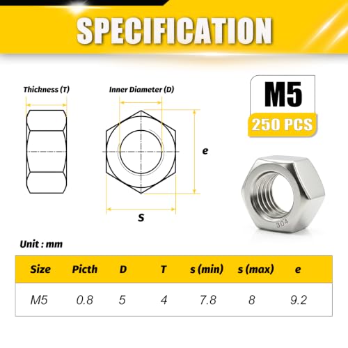 M5 Hex Nuts 250Pcs 304 Stainless Steel A2-70 Rustproof Metric - size: Metric M5;250pcs