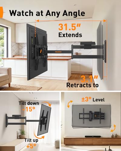 Perlegear Long Arm Full Motion TV Mount with Power Strip for 38–75 inch TVs - size: Fits 38-75'' TVs / Max 600x400mm