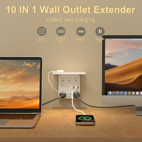 Overtop Power Charger with Shelf,Wall Outlet Extender,Surge Protector 1800J - color: Off White-6AC