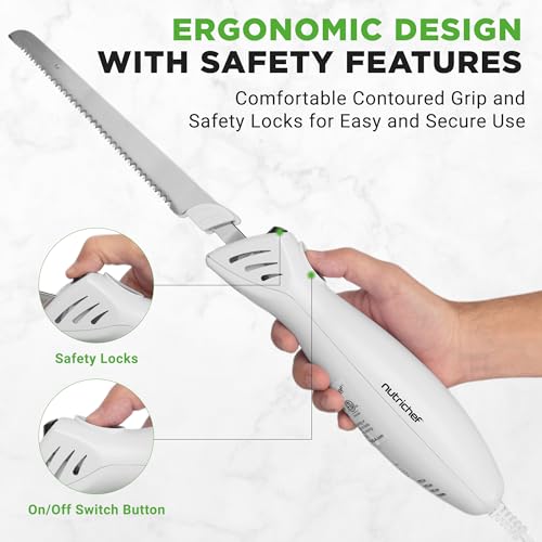NutriChef Electric Carving Turkey Slicer Kitchen Knife | For Thanksgiving | Portable Electrical Food Cutter Knife Set with Carve Blades & Wood Stand | Cuts Meat, Bread, Cheese & Fruit | White