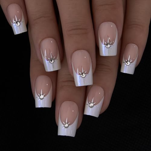 CurvLife Long French Tip Press On Nails, Pearl Rhinestones, Soft Gel - color: Pearl French Rhinestones