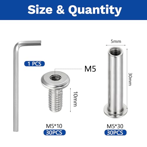 30 Sets M5 x 10mm Stainless Steel Furniture Joint Connector Bolts - size: M5X10-30 Sets
