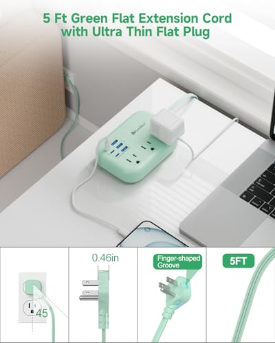 6 USB (3 USB C) Green Travel Power Strip, 5Ft Extension Cord, 3 Outlets - size: 5 FT(Green-24W)