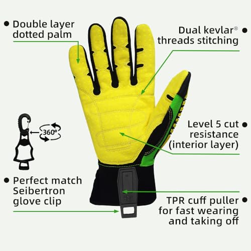Seibertron High-Vis Series Cut Resistant Reducing Anti-Impact Mechanics Heavy Duty Safety Rescue Oil and Gas Gloves - color: Green-sdxc5 En388 4543ep Cut Resistant+clip, size: X-Large (Pack of 1)