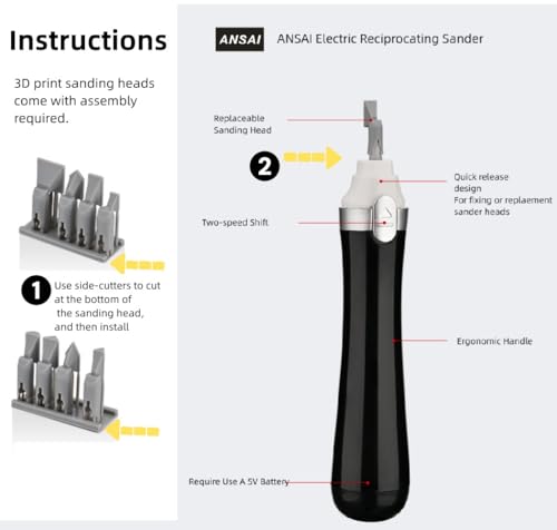 ANSAI Electric Reciprocating Sander, With 8pcs 3D Print ABS Head For Hobbies,Art,Miniature,figure polishing,sanding