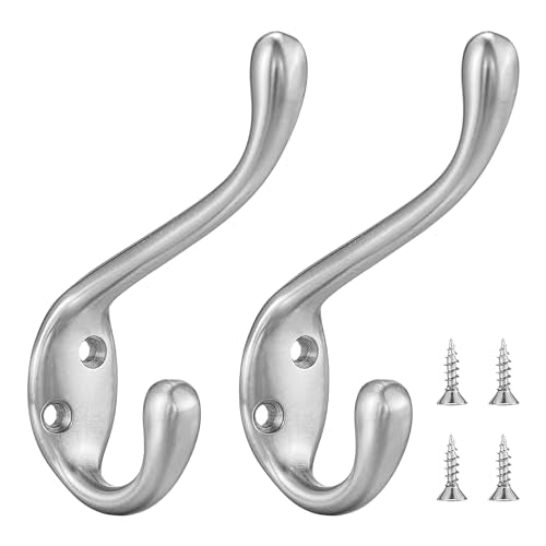 Coat Hooks 5 Pack - Heavy Duty Wall Mounted Brushed Nickel Door Hooks Double Prong Hooks for Hanging Clothes/Towels - Sturdiness Design with Better Mounting System - color: Brushed Nickel
