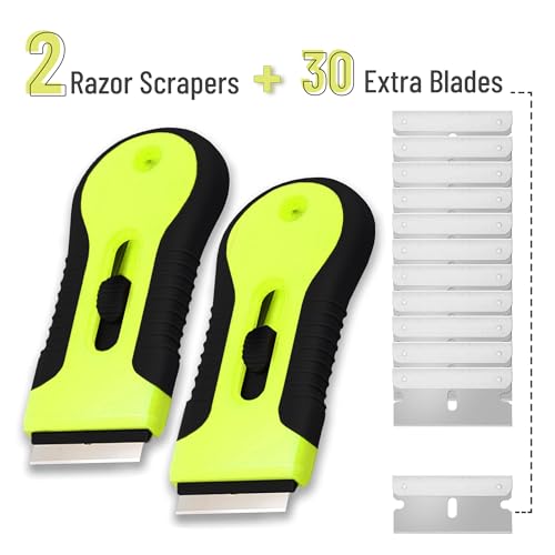 Bates- Razor Blade Scraper Tool, 2 Pack, 30 Extra Stainless Steel Blades, Anti-Slip Ergonomic Handle Design, Razor Scraper Set for Cleaning Window, Paint, Oven, Glass, Stove - color: Black & Green