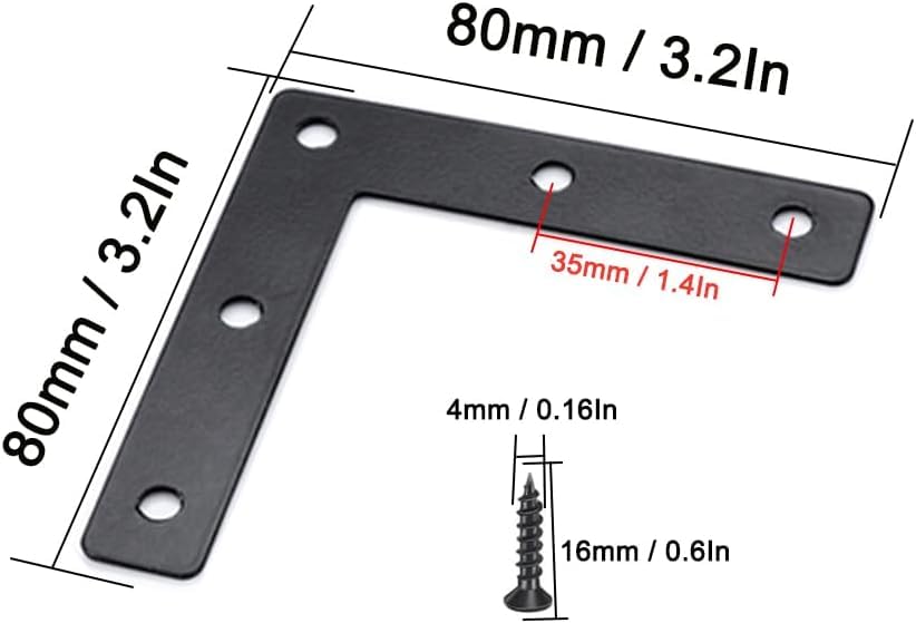 20Pcs Flat L Corner Braces Bracket, 80 mm x 80 mm Right Angle Brackets L Shaped Mending Plate Bracket with Screws,Black