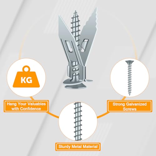 KURUI 110Pcs Heavy Duty Metal Drywall Anchors and Screws Kit, Easy Self Drilling, Durable & Renter Friendly, Silver Anchors for Sheetrock,Hollow Wall, Hanging Shelves,Mirrors,Wall Decor,Pictures