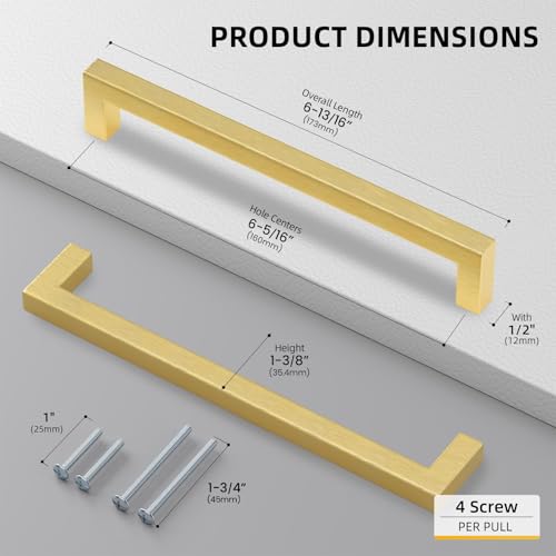 Goldenwarm 5 Pack 6-1/4 in Gold Cabinet Handles Square Drawer Pulls - color: Gold, size: 6 1/4 Inch Hole Center