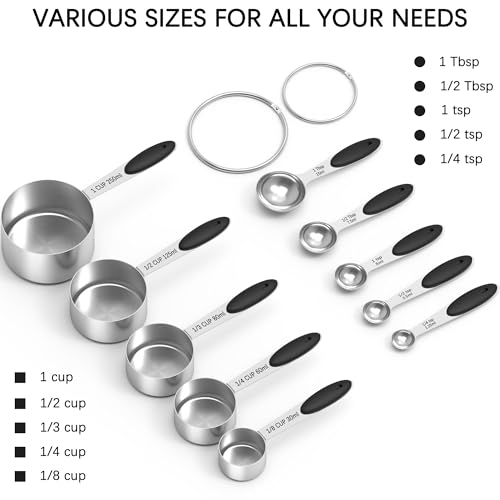 TILUCK Stainless Steel Measuring Cups and Spoons Set with Silicone Handle – Nesting Design for Space-Saving, Heavy Duty & Dishwasher Safe for Dry/Liquid Ingredients, Cooking & Baking (10)