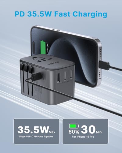 VINTAR Universal Travel Adapter 35.5W, 6-in-1 with 3 USB-A QC & 2 USB-C PD - color: 35.5W Silver