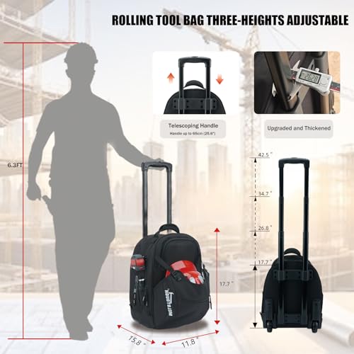 MELOTOUGH Rolling Tool Bag with Telescoping Handle 35 Pockets Wheeled Electrician Backpack Tool Bag For Men,Water Resistant Tool Storage Organizer Including Laptop Sleeve(BLK) - color: Black
