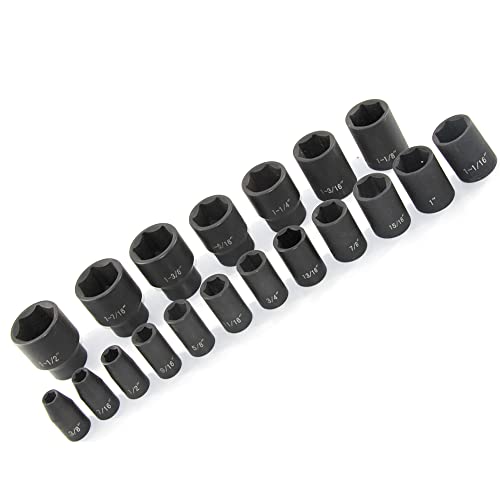 MacWork 19 Piece 1/2-Inch Drive Standard/Shallow Impact Socket Set, SAE, 3/8" to 1-1/2", CR-V&Cr-Mo Alloy Steel, 6-point Hex Radius Corner Design