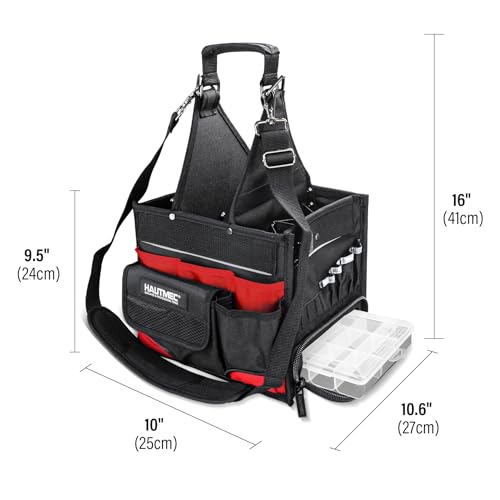 HAUTMEC Heavy Duty Electrician Tool Bag with Removable Parts Tray, 37-Pocket Tool Tote Organizer, Open Top Tool Carrier with Shoulder Strap for Electrician, HVAC, Mechanic & Maintenance – HT0174