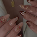 LPOODDNU Almond Red French Tip Press on Nails - Medium Premium Fake Nails with 3D Gold Diamond Designs, Glossy Finished Reusable False Nails with Glue Tabs - 24Pcs Nail Kit for Women Manicure - color: red french tip star