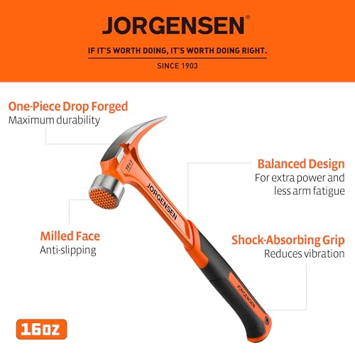 JORGENSEN 16 oz One-piece Forged Rip Claw Hammer with Magnetic Nail Holder - size: 16 oz