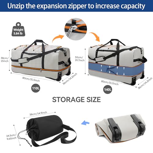 110L Expandable to 140L 32” Foldable Oxford Soft-Sided Rolling Duffle Bag with 2 Heavy-Duty Wheels, 2 Large Compartments, Adjustable Shoulder Strap and Attached Organizer Pouch,Grey - color: Grey