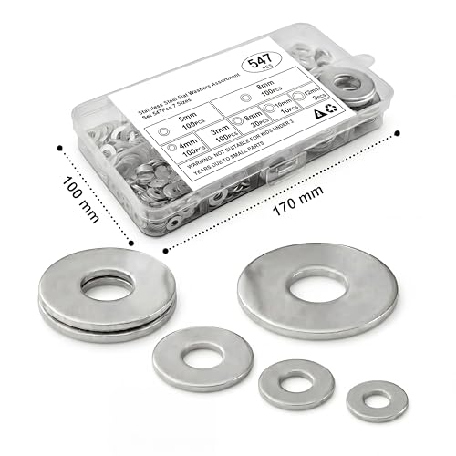 Stainless Steel Flat Washers Assortment, 18-8 (304) Stainless Steel, 547-Piece Set (Assorted Metric Sizes M3-M12, 3mm, 4mm, 5mm, 6mm, 8mm, 10mm, 12mm) with Plastic Storage Case