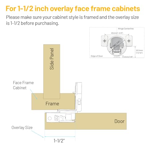 Furniware 20 Pack 10 Pairs 1-1/2 inch Overlay Soft Close Hinges for Face Frame Kitchen Cabinet Hinges Satin Nickel - 3 Way Adjustability Concealed Soft Close Hinges Damper Self Closing - size: 1-1/2 inch Overlay