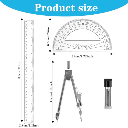 Protractor and Compass Set Plastic 12in Ruler Measuring Tool for Drafting | 2 Inch Ruler 180 Degree Protractor Measuring Tool