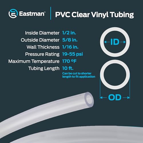Eastman 1/2 Inch ID (5/8 Inch OD) PVC Clear Vinyl Tubing, 10 Foot Length, 98568 - size: 1/2 in. ID x 5/8 in. OD, style: 10 Ft.