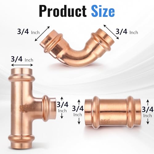 (8-Pack YVSKM) 3/4 Inch Press Fittings Assortment Kit – 2 Tee + 3 Coupling + 3 Elbow with Stop, Zero Lead, Fits 3/4" Pipe Systems for Water Lines, Heating Loops, Repair & Upgrade Projects - style: 3/4 Inch 8-Pack