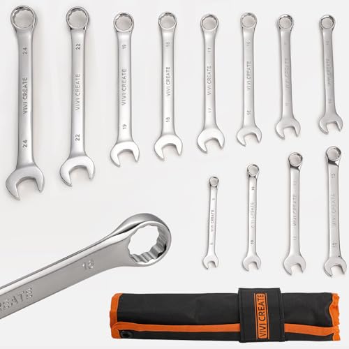 vivicreate 12-Piece Wrench Set, Metric Wrench Set 8mm-24mm, Combination Wrench Sets with Oxford Cloth Storage Bag for Home, Garage, Automotive Repair and Emergency Use - Made in India