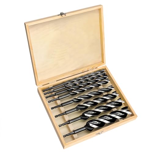 Auger Drill Bit Set for Wood – 8pcs Hex Shank Wood Auger Drill Bits with Wooden Storage Case, 9" Length, 3/8" to 1-1/4", Heavy Duty Bits for Softwood and Hardwood - size: 3/8"-1-1/4" x 9", 8 Pcs