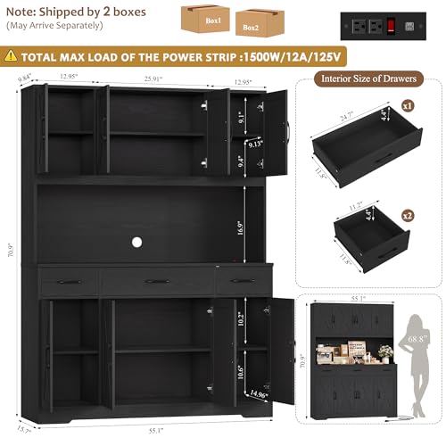 HOSTACK 71" H Kitchen Pantry Cabinet, 55" Kitchen Hutch, Black Wood Grain | Large Pantry Cabinet with Charging Station / Countertop / 3 Drawers, Farmhouse Hutch Cabinet with Storage for Dining Room - color: Black Wood Grain