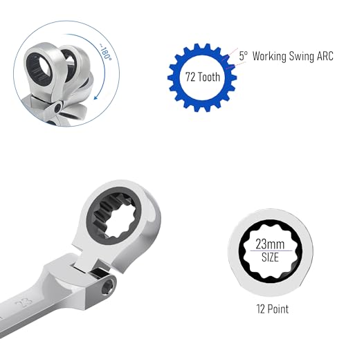 23mm Flex-Head Ratcheting Combination Wrench, 23mm Metric - size: 23mm