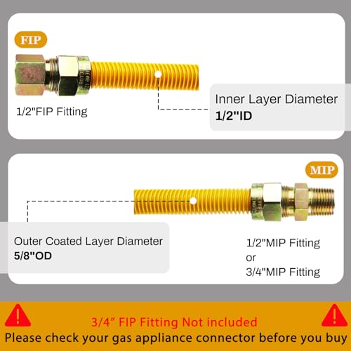 60" Flexible Gas Line Kit for Dryer, Stove, Range, Stainless Steel Gas Dryer Connector Kit, 5/8 in.OD(1/2 in. ID）Dryer Gas Line with Connector 1/2" FIP & 1/2" MIP & 3/4" MIP Fitting - size: 60 In