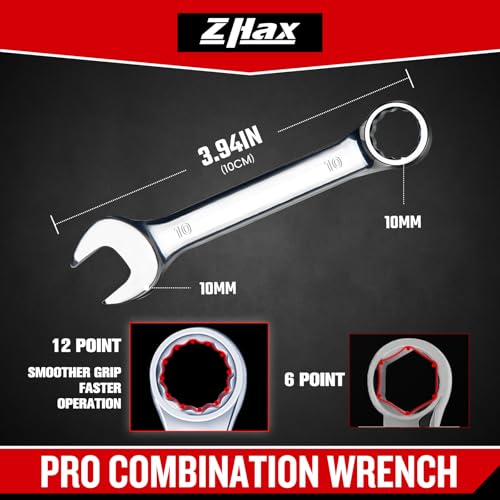 zhax 10mm Metric Stubby Combination Wrench, 12 Point Box End, 15 Degree Offset Design, Mirror Polish Finish, Forged CR V Steel, Hand Tools for Mechanics, Ideal for Auto and Home Repair - size: 10mm