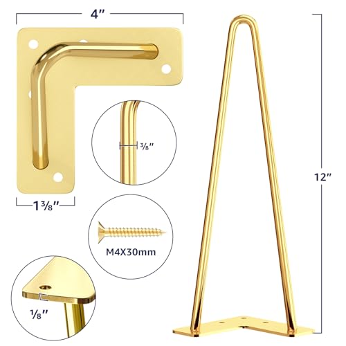 SMARTSTANDARD 12 Inch Hairpin Furniture Legs, Gold Set of 4PCS - color: Gold, size: 12 Inch