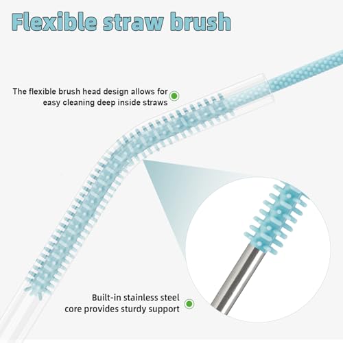 Silicone Straw Cleaner Brush, 4Pcs Reusable Straw Brush Set with Extra-Long Design for Cleaning Thin Metal Straws and Wider Milkshake Straws （6mm+9mm Blue) - color: Blue