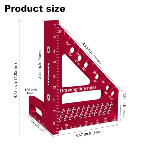 Premium Carpenter Square Hole Scribing Ruler Woodworking Square 22.5-90 Degree Measuring Ruler with Angle Pin,Versatile Multi Angle Square for Woodworking, Engineering, and Construction | Preset 22.5°, 30°, 45°, 60°, 67.5° and 75° guides, 1/4 in pin holes