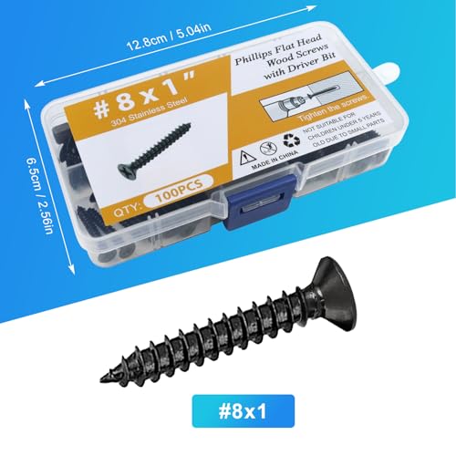 100PCS #8 x 1 Black Wood Screws, Flat Head Stainless Steel Sheet Metal Screws, Fast Self Tapping Screws for Deck Drywall Concrete Screws with Screwdriver Bit - style: Black #8X1" Flat Head 100PCS