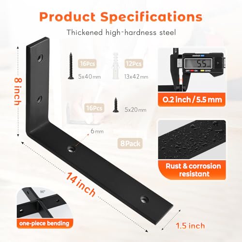 Shelf Bracket 8 Pack 14" Lx8 H 5mm Thick Heavy Duty Black L Brackets - color: Black-8pack, size: 14"Lx8"Wx1.5"W