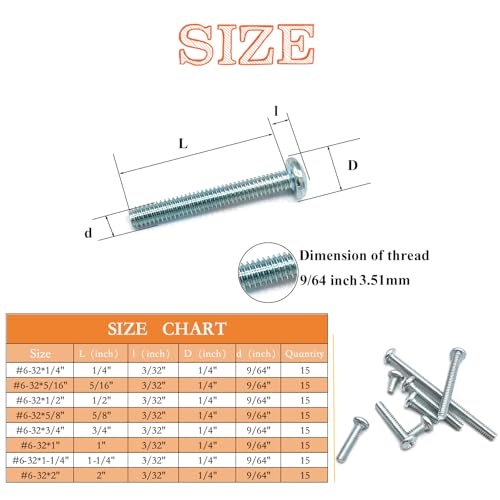 120 Pcs 8 Sizes #6-32 Machine Screws Knob Screw Cabinet Screws Electricians Screw, Carbon Steel Zinc-Plated Phillips Pan Head Machine Screws Assortment Kit - size: #6-32-8Size-120P
