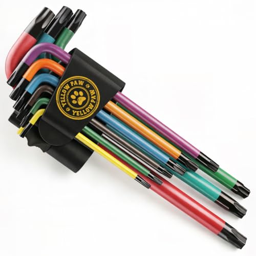 Yellow Paw Torx Wrench Set (9 Pack of Security Tamper Proof Keys) Color Coded in the Following Sizes - T10, T15, T20, T25, T27, T30, T40, T45, and T50