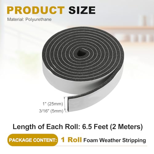 uxcell Weather Stripping Door Seal, 1" x 3/16" x 6.5 Ft Adhesive Foam Tape Seal Soundproof Insulation Strips for Door Frame Window Gaps (1 Roll, 6.5 Feet) - size: 1" x 3/16" (6.5 Ft)
