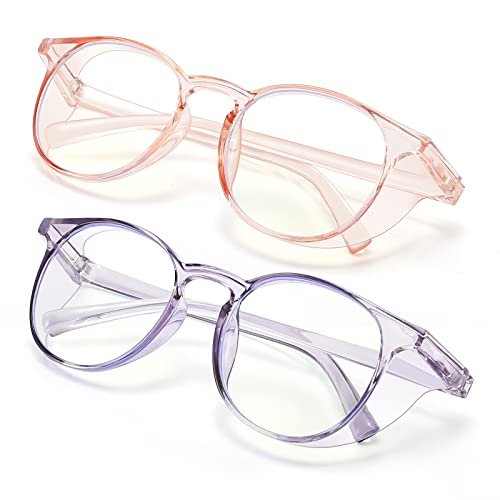 2 Pairs Anti Fog Safety Goggles Protective Glasses Blue Light Blocking Eyeglasses for Men Women - color: Round Pink+blue