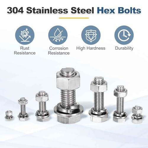 MECCANIXITY M12 x 140mm 304 Stainless Steel Hex Head Screws Bolts, Nuts, Flat & Lock Washers Assortment Kit, Fully Threaded, Bright Finish for Home, Electronic, Machine, 1 Sets - size: M12 x 140mm