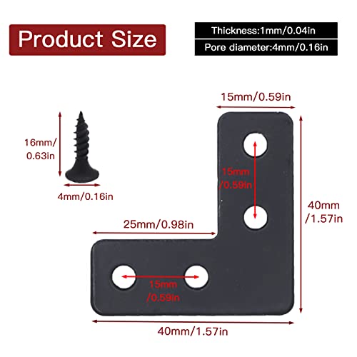 20-Pack Steel Flat Mending Plate Corner Brace 1.6x1.6inch for Wood - size: Black 40x40 mm