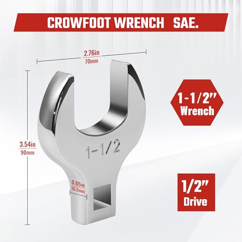 1/2'' Full Polish Drive Jumbo Crowfoot Wrench, Open End Wrench, SAE, 1-1/2'', CR-V Steel, Tools for Mechanics Maintenance or Repairs, Access Fasteners in Tight Spaces Work Hard-To-Reach Areas - size: SAE-1-1/2''