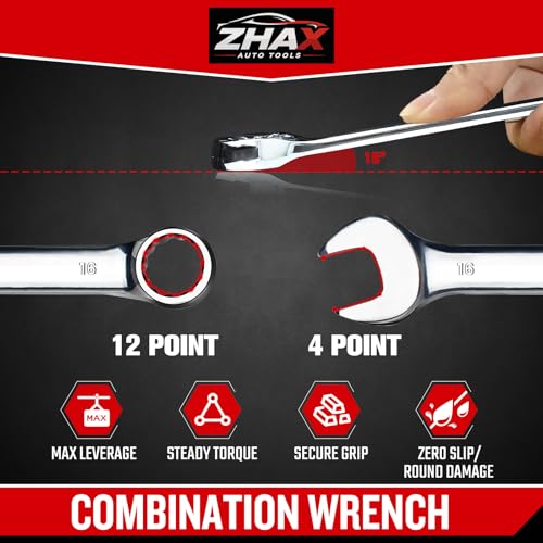 zhax 16mm Metric Stubby Combination Wrench, 12 Point Box End, 15 Degree Offset Design, Mirror Polish Finish, Forged CR-V Steel, Hand Tools for Mechanics, Ideal for Auto and Home Repair - size: 16mm