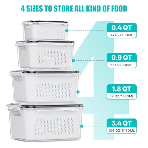 4 Pack Fruit Storage Containers for Fridge Set, BPA Free Produce Containers - size: 4PCS