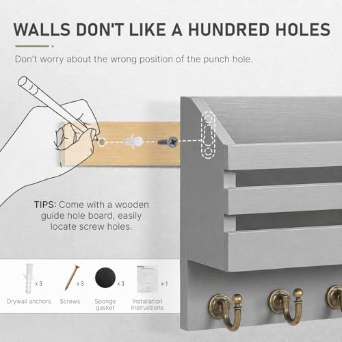 FifthQuarter Key Holder for Wall with Drawer and 6 Sturdy Hooks, A-Grey - color: A-Grey