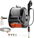 Giraffe Tools Grandfalls Retractable Wall Mounted Pressure Washer Pro, 3700 PSI, 1.6 GPM Electric Power Washer, Automatic Rewind, 5ft Garden Hoses, 5 Nozzles for Cars/Fences/Patios, Dark Silver - color: Dark Silver, size: 5ft